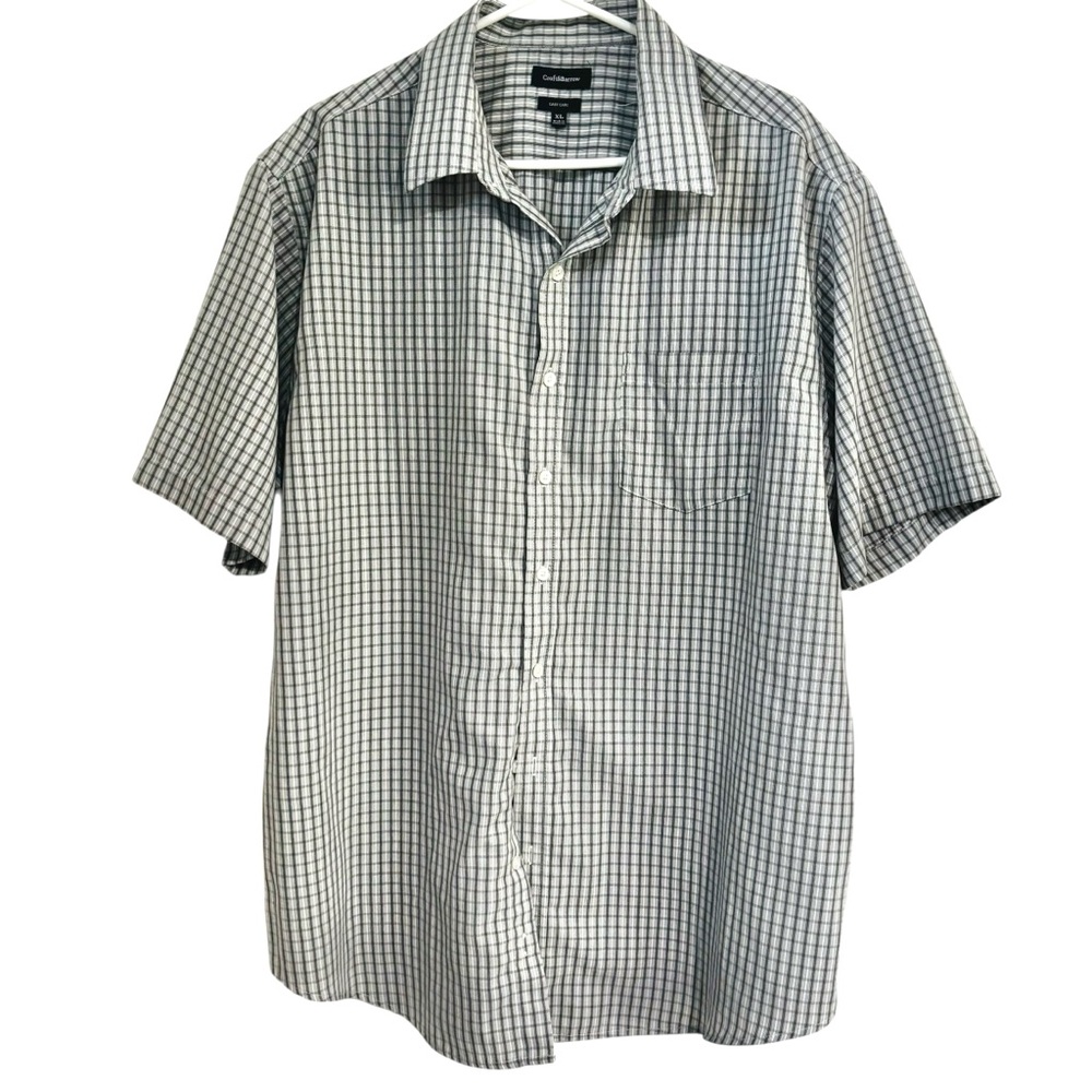 Mens XL Croft Barrow Light Grey White Black Check Plaid Short Sleeve Button-Down